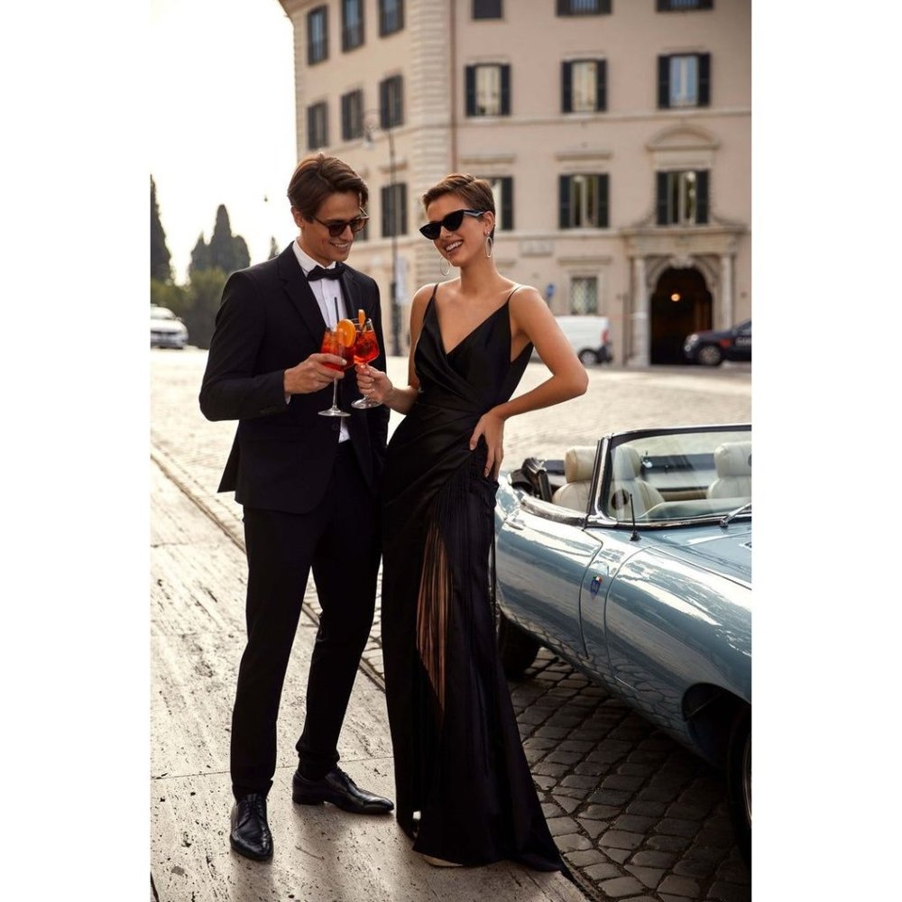 MILLA Formal Evening Altas Satin Fringe Slit Surplice Gown Sz M Black